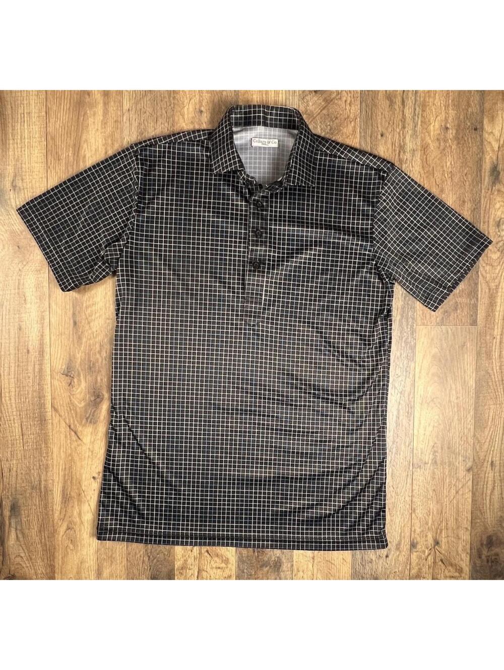 Collars and Co Polo Shirt Small Black Grid Check Stretch Spread Dress Collar
